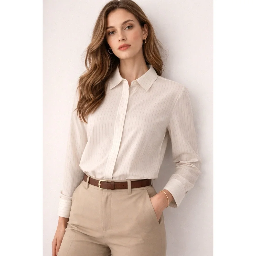 Lafayette 148 New York Women Tunic Shirt S White Gold Pinstripe Button - Picture 2 of 12